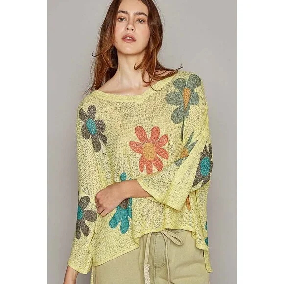 POL V-Neck Colorful Flower Print Light Weight Sweater Top - Picture 2 of 6